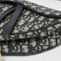 Pre Owned Dior Navy Blue Oblique Canvas and Leather Saddle Bag