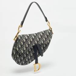 Pre Owned Dior Navy Blue Oblique Canvas and Leather Saddle Bag