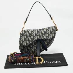 Pre Owned Dior Navy Blue Oblique Canvas and Leather Saddle Bag