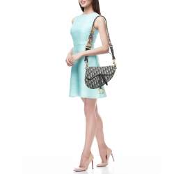 Pre Owned Dior Navy Blue Oblique Canvas and Leather Saddle Bag