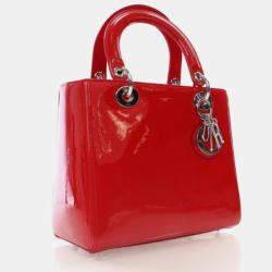 Pre Owned Dior Lady Dior Medium Red Smooth Patent Leather Handbag