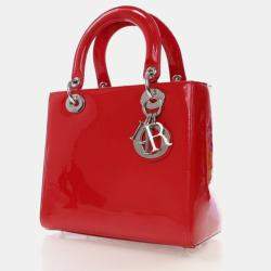 Pre Owned Dior Lady Dior Medium Red Smooth Patent Leather Handbag