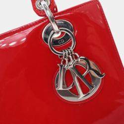 Pre Owned Dior Lady Dior Medium Red Smooth Patent Leather Handbag