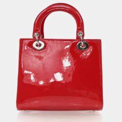 Pre Owned Dior Lady Dior Medium Red Smooth Patent Leather Handbag