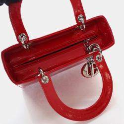 Pre Owned Dior Lady Dior Medium Red Smooth Patent Leather Handbag