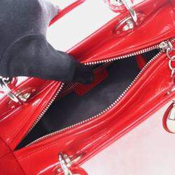 Pre Owned Dior Lady Dior Medium Red Smooth Patent Leather Handbag