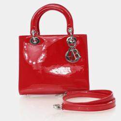 Pre Owned Dior Lady Dior Medium Red Smooth Patent Leather Handbag