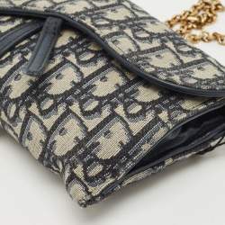 Pre Owned Dior Navy Blue Oblique Canvas and Leather Saddle Wallet on Chain