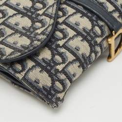 Pre Owned Dior Navy Blue Oblique Canvas and Leather Saddle Wallet on Chain