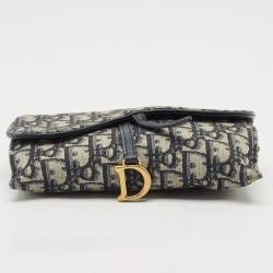 Pre Owned Dior Navy Blue Oblique Canvas and Leather Saddle Wallet on Chain