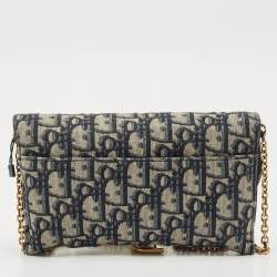 Pre Owned Dior Navy Blue Oblique Canvas and Leather Saddle Wallet on Chain