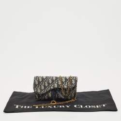 Pre Owned Dior Navy Blue Oblique Canvas and Leather Saddle Wallet on Chain