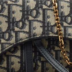Pre Owned Dior Navy Blue Oblique Canvas and Leather Saddle Wallet on Chain