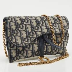 Pre Owned Dior Navy Blue Oblique Canvas and Leather Saddle Wallet on Chain