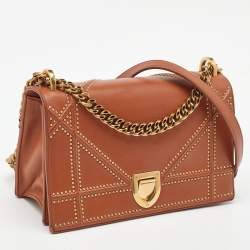 Pre Owned Dior Brown Leather Medium Diorama Studded Flap Shoulder Bag