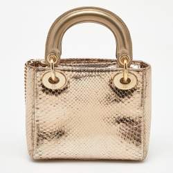 Pre Owned Dior Metallic Gold Python Mini Lady Dior Tote
