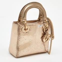 Pre Owned Dior Metallic Gold Python Mini Lady Dior Tote