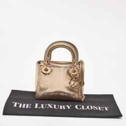 Pre Owned Dior Metallic Gold Python Mini Lady Dior Tote