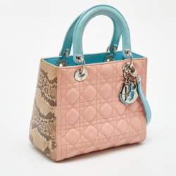 Pre Owned Dior Multicolor Cannage Leather and Snakeskin Medium Lady Dior Tote