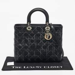 Pre Owned Dior Black Cannage Stitched Leather Large Lady Dior Tote
