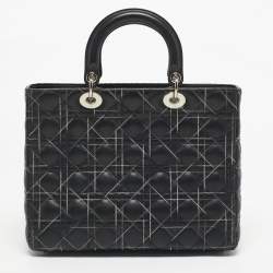 Pre Owned Dior Black Cannage Stitched Leather Large Lady Dior Tote
