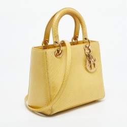 Pre Owned Dior Yellow Snakeskin Medium Lady Dior Tote