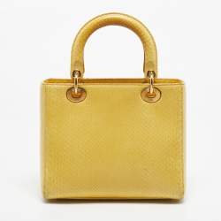 Pre Owned Dior Yellow Snakeskin Medium Lady Dior Tote
