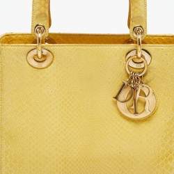 Pre Owned Dior Yellow Snakeskin Medium Lady Dior Tote