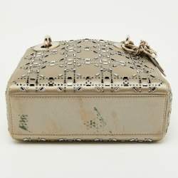 Pre Owned Dior Light Grey Satin Cannage Strass Crystal Embellished Mini Lady Dior Tote