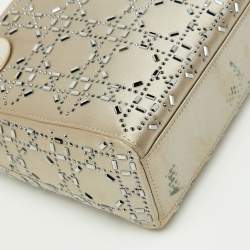 Pre Owned Dior Light Grey Satin Cannage Strass Crystal Embellished Mini Lady Dior Tote