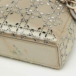 Pre Owned Dior Light Grey Satin Cannage Strass Crystal Embellished Mini Lady Dior Tote