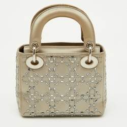 Pre Owned Dior Light Grey Satin Cannage Strass Crystal Embellished Mini Lady Dior Tote