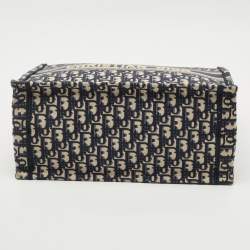 Pre Owned Dior Navy Blue Oblique Embroidered Canvas Medium Book Tote