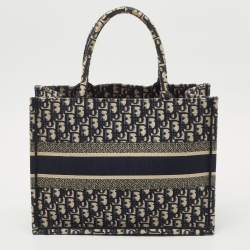 Pre Owned Dior Navy Blue Oblique Embroidered Canvas Medium Book Tote