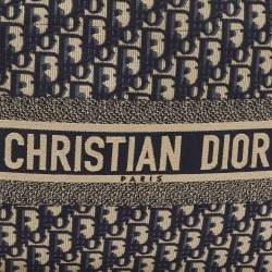 Pre Owned Dior Navy Blue Oblique Embroidered Canvas Medium Book Tote