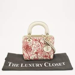 Pre Owned Dior Red/White Leather Mini Floral Embroidered Lady Dior Tote