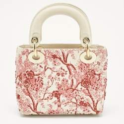 Pre Owned Dior Red/White Leather Mini Floral Embroidered Lady Dior Tote