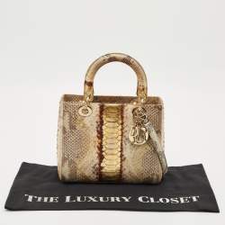 Pre Owned Dior Gold/Beige Python Medium  Lady Dior Tote