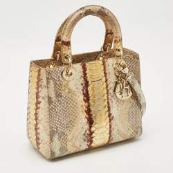 Pre Owned Dior Gold/Beige Python Medium  Lady Dior Tote