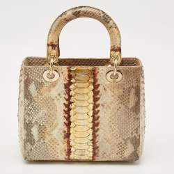 Pre Owned Dior Gold/Beige Python Medium  Lady Dior Tote
