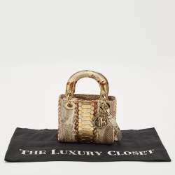 Pre Owned Dior Beige/Gold Python Mini Lady Dior Tote