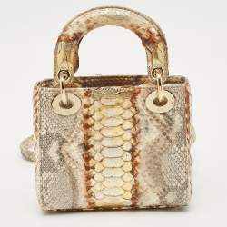 Pre Owned Dior Beige/Gold Python Mini Lady Dior Tote