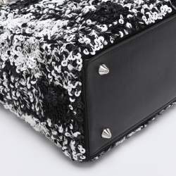Pre Owned Dior Black/White Sequins and Leather Medium Lady Dior Tote