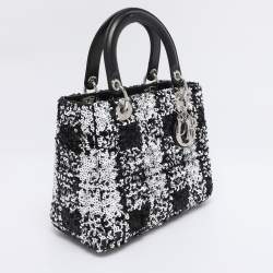 Pre Owned Dior Black/White Sequins and Leather Medium Lady Dior Tote