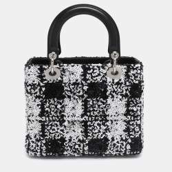 Pre Owned Dior Black/White Sequins and Leather Medium Lady Dior Tote