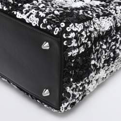 Pre Owned Dior Black/White Sequins and Leather Medium Lady Dior Tote
