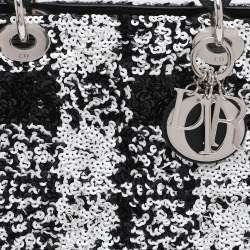 Pre Owned Dior Black/White Sequins and Leather Medium Lady Dior Tote