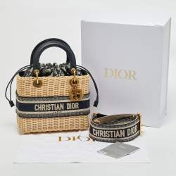 Pre Owned Dior Navy Blue/Natural Rattan and Canvas Medium Lady Dior Tote