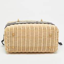 Pre Owned Dior Navy Blue/Natural Rattan and Canvas Medium Lady Dior Tote