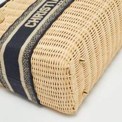 Pre Owned Dior Navy Blue/Natural Rattan and Canvas Medium Lady Dior Tote